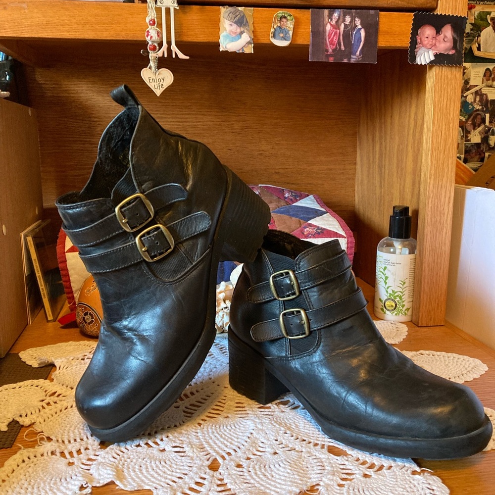 Ankle Boots, Black with Gold Buckles, with 2 Straps, 2” Heel,  Size 8